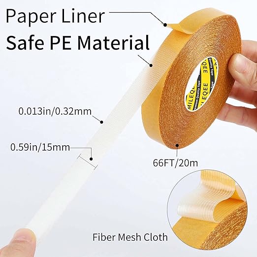 2Pack Double Sided Tape Heavy Duty, 0.59" x 66FT (132FT Total), Super Sticky Resistente Clear Tape, Universal High Tack Strong Wall Adhesive with Fiberglass Mesh,Easy Use Mounting Tape