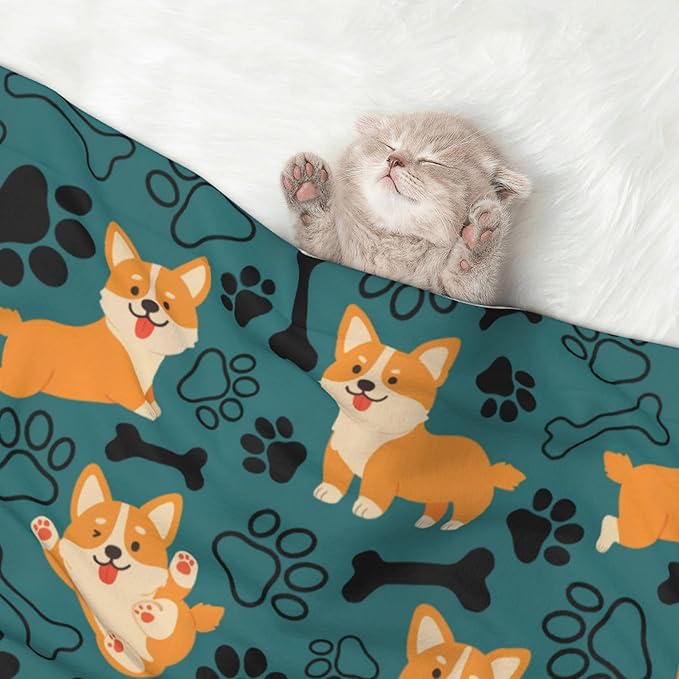 Corgi Throw Blanket - Paw Print Blanket for Dog Cat Blue Pet Blankets 23x16 for Couch Sofa Bed