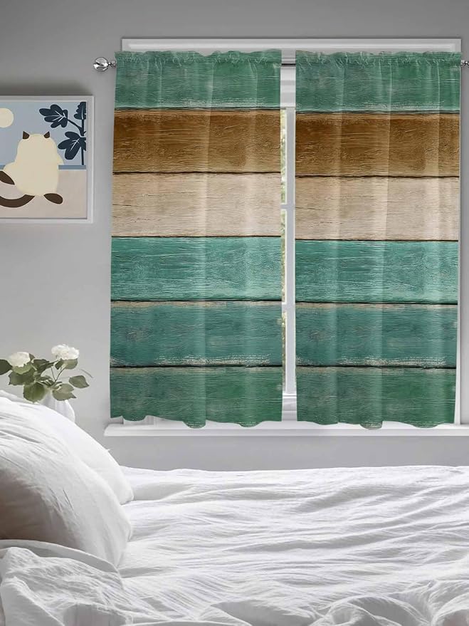 Vintage Plank Turquoise Brown Window Valance Curtains, Farmhouse Wood Grain