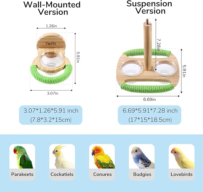 Bird Feeder & Perch – Includes Cotton Rope Perch and Glass Feeding Cup – Cage Accessory for Cockatiels, Budgies, Lovebirds, Conures, Canaries, Finches, and Small Parrots
