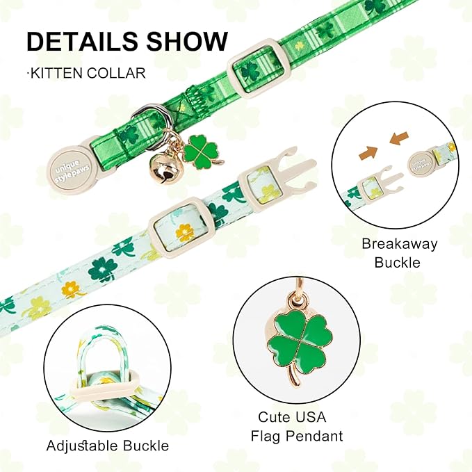 Unique Style Paws Saint Patrick Cat Collar,Shamrock Cat Collars,Green Kitten Collar Breakaway Buckle,Adjustable St. Patrick Day Puppy Collar,Ideal Gift for Boy Girl Cats