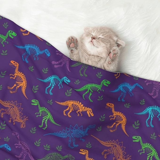 Dog and Cat Blanket in One, Cool Dinosaur Purple, Double Sided Plush Throw with Raised Dot Pattern on One Side and Flat Velvet on Other for Variety