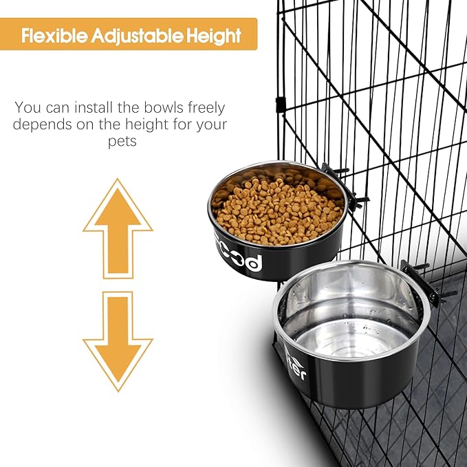 2 Pcs Large Pet Dog Food and Water Bowl Set for Cage, Stainless Steel Non-Spill Kennel Hanging Cats Pets Bowls Crate Feeder Dish with Clamp Holder for Medium Large Dogs Pets (7.1x3.7'' & 7.1x2.5'')