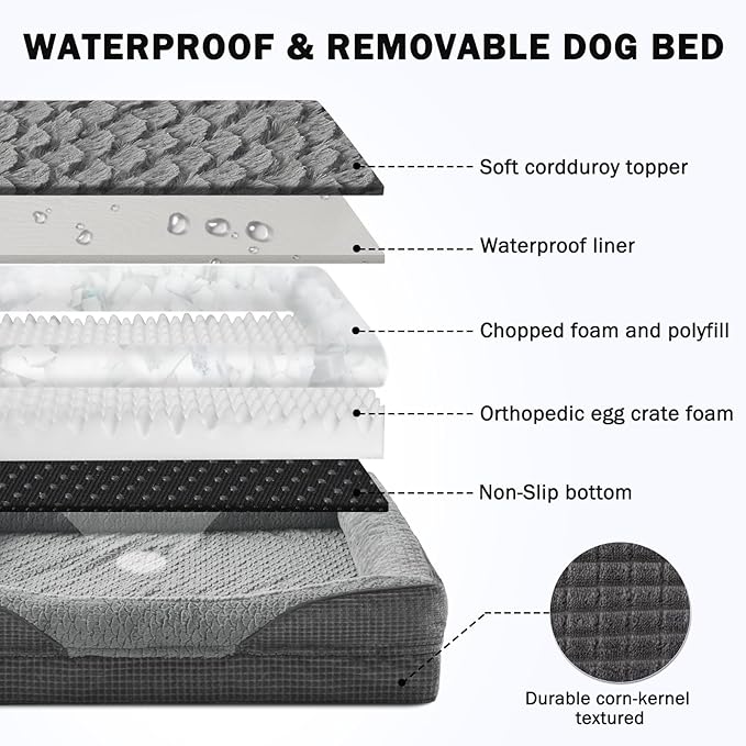 INVENHO Orthopedic Dog Beds Large Sized, XL Washable Egg-Crate Memory Foam Dog Couch Bed with Washable Removable Cover, Waterproof Lining and Nonskid Bottom