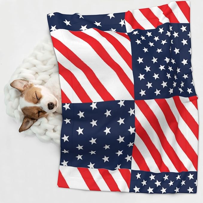 Reversible Pet Blanket for Sofa Protection Pet Comfort, American Flag Plaid Pattern, Double Sided Design with Cozy Nubby Nap Side and Durable Smooth Play Side