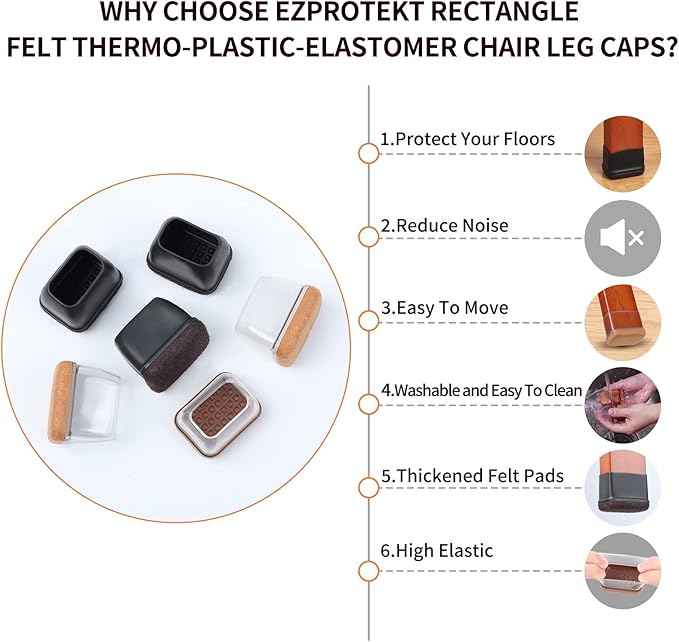 Ezprotekt 16 Pcs Rectangle Silicone Chair Leg Floor Protectors, Felt Rectangle