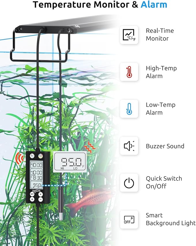 SEAOURA Aquarium Light for Fish Tanks, 24-30in Full Spectrum LED Lights with Temp Alarm, 3 Timers Auto On/Off with Memory Function, WRGB Custom, 20 Level Dimmable Brightness for Freshwater Plants