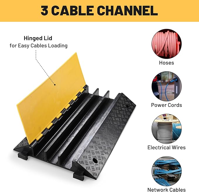 Yescom Cable Ramp Protector 3 Channel Garden Hose Protecitive 44000 Lbs Load Capacity Heavy Duty, 35.43"x23.62"x4.33" Speed Bump for Road, Driveway, Walkway and Commercial Use