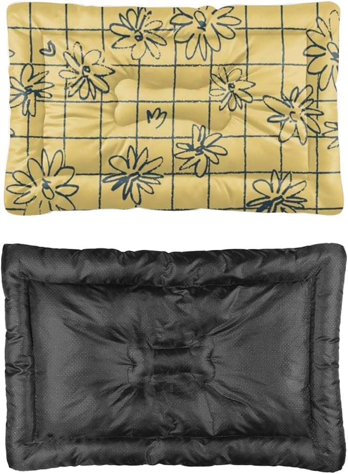 Grid Floral Yellow Vintage Dog Beds& Furniture Bed Mat Medium Dog Crate Pad Beds for Small Dogs Crate Washable Non-Slip Bed for Washable Small Medium Comfort Mat Pet Sized Indoor Outdoor 24X18 Inch