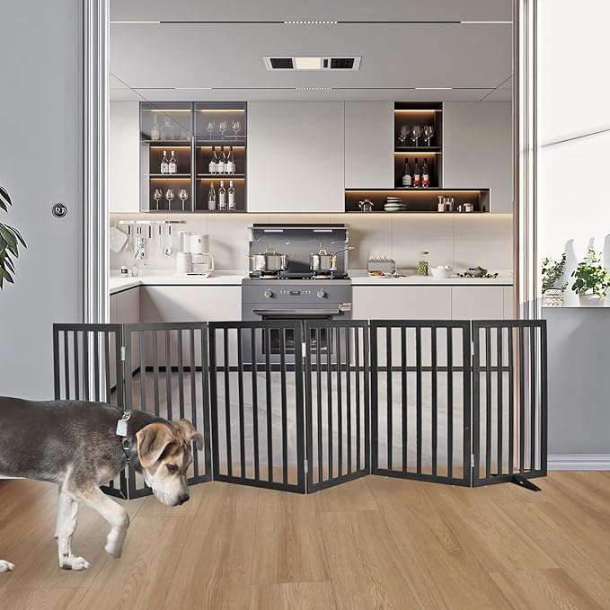 ZJSF Freestanding Indoor Dog Gate for House Foldable Wood Puppy Gate for Doorways Pet Gate for Stairs Extra Wide Pet Fence, Black, 32" Height 6 Panels