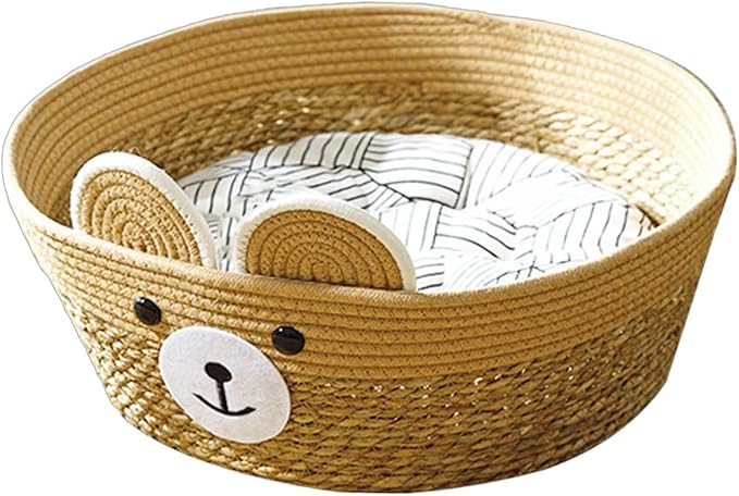 Pet Bed Woven Basket with Detachable Cushion Cartoon Bear Theme Bed Dog Detachable Cushion Nest Pet Furniture