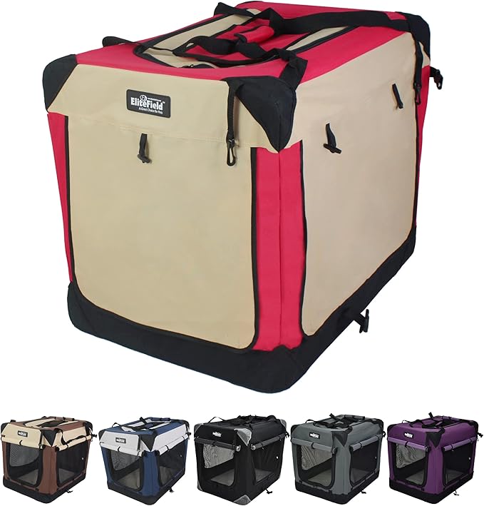 EliteField 4-Door Folding Soft Dog Crate with Curtains, Carrying Bag and Fleece Bed (2 Year Warranty), Indoor & Outdoor Pet Home (36" L x 24" W x 28" H, Red+Beige)