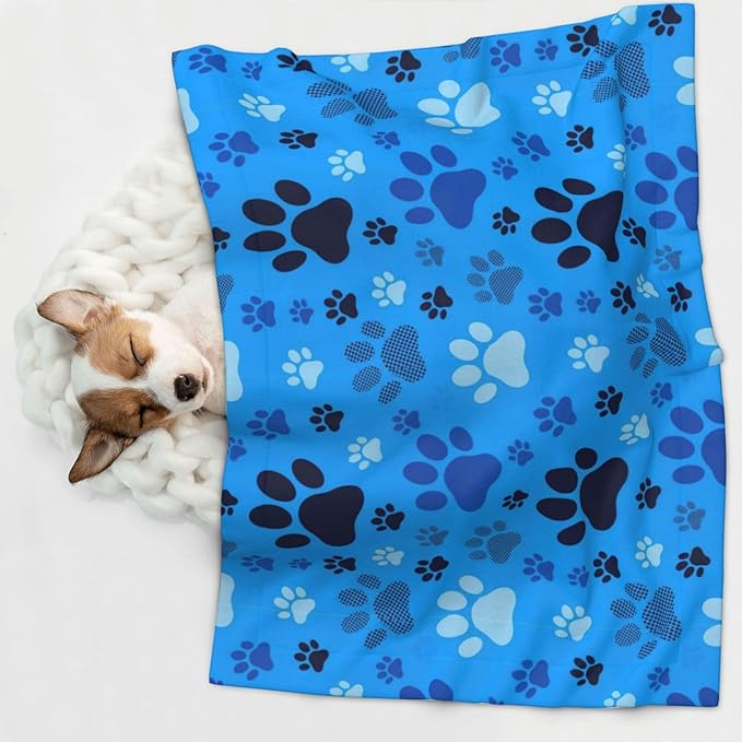 Pet Blanket for Car Rides Vet Visits, Blue Puppy Pug Dog Paw Print, Two Sided Reversible Plush Design with Bumpy Dot Side Offers Comfort Home Piece On Go Travel