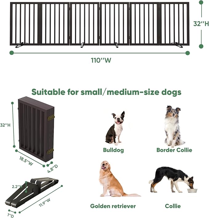 Dog Gates for Doorways, Foldable Dog Gate Indoor, Freestanding Pet Gates for Doorways Bedroom, Puppy Gate with Metal Support Feet, Room Divider, 6 Panels (Brown)