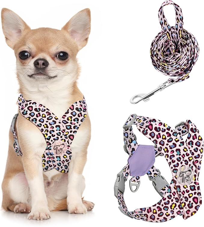 Pawaboo Small Dog Harness and Leash Set, Puppy Harness X-Frame No Pull No Choke, Dog Vest Harnesses Adjustable for Small Medium Sized Dogs,Soft Breathable Pet Harnesses for Walking, S, Pink Leopard