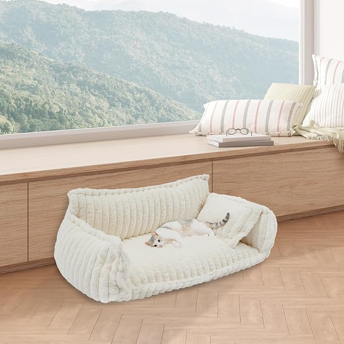 Pet Couch Calming Bed, Pet Couch with Removable Washable Cover, Plush Pets Sofa for Indoor Use, Supportive Orthopedic Dog Bed (White)