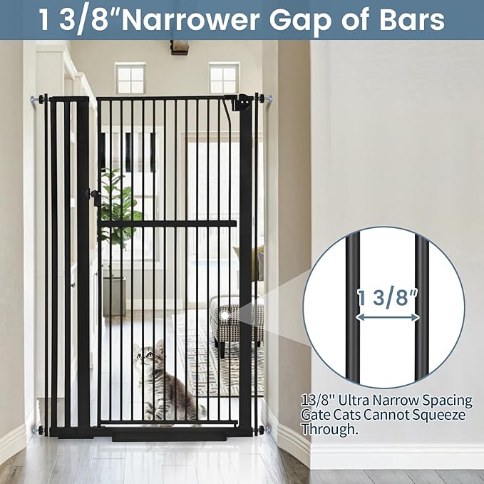 59" Extra Tall Pet Gate - Durable Metal Cat and Dog Gate With Double Safety Lock & Walk Thru Door for Indoor Stairs, Doorways, Hallways - Self Closing/Stay Open/Open Both Ways, Pressure Mounted
