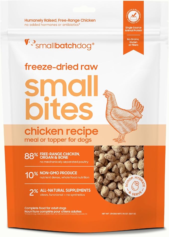 smallbatch Pets Freeze-Dried Raw Dog Food – Chicken Recipe –20 oz Small Bites – High Protein, Grain Free – Complete Meal or Topper – Made in USA with Organic Superfoods(20 Oz, Chicken)