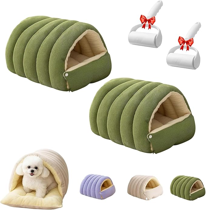 Removable and Washable Winter Closed-Off Cat Bed, Cat Winter Cave, Cute Cat Beds for Indoor Cats, Disassembled Design for Easier Cleaning, with Hair Remover (2PcsGreen, 22.4 * 14.6 * 11.0 in)
