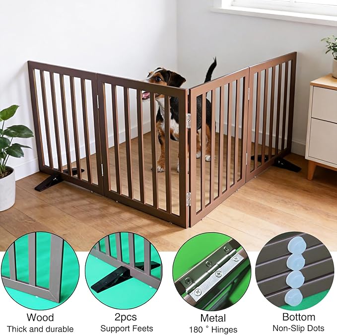 ZJSF Freestanding Indoor Dog Gate for House Foldable Wood Puppy Gate for Doorways Pet Gate for Stairs Extra Wide Pet Fence, Brown, 32" Height 4 Panels