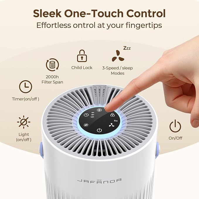 Air Purifiers for Bedroom, Jafända Pet Hair Air Purifier, Max 650 ft², 3-in-1 Filter, H13 HEPA Air Filter, 20dB Quiet Sleep Mode, 7-Night Light, Portable Handle for Home, Remove Dust, Smoke, Odor