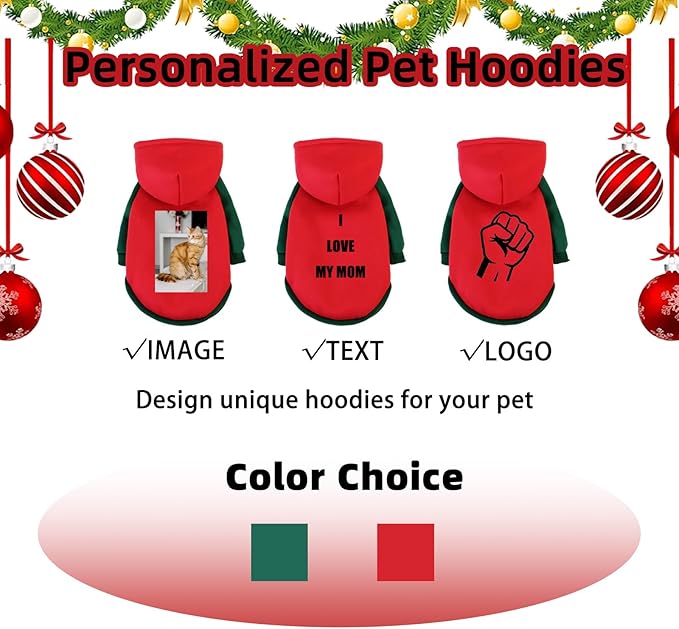 Custom Dog Hoodie, Personalized Sweatshirt with Photo Text Name Logo, Customized Hooded Sweater for Small Medium Large Dogs & Cats (Red + Green Border, XX-Large)