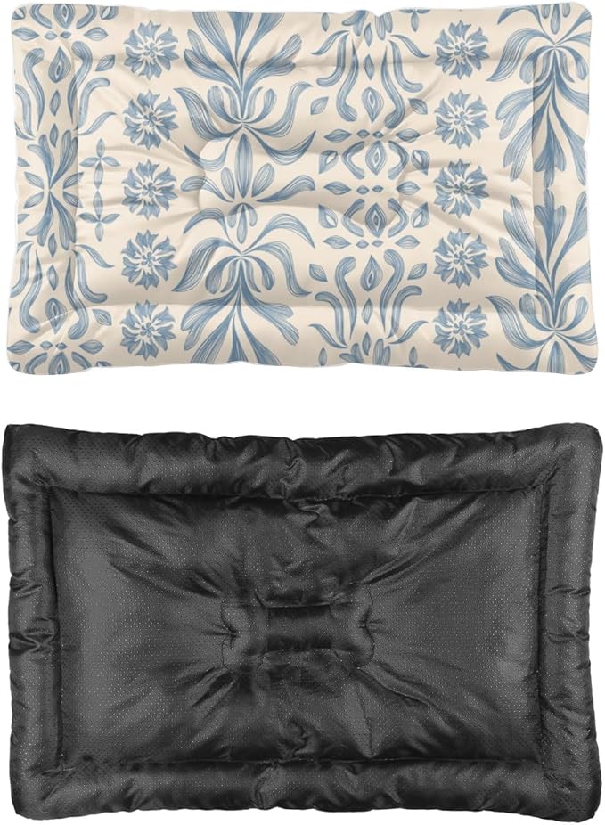 Vintage Blue Floral Dog Beds& Furniture Mat for Dog Crate Pad Small Crate Beds for Small Dogs Washable Non-Slip Bed Bed Puppy Tear-Resistant Mat Washable Pillow Indoor Outdoor 36X24 Inch