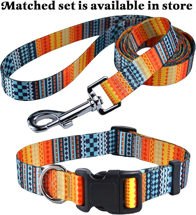 Dog Collar with Bohemia Floral Tribal Geometric Patterns - Soft Ethnic Style Collar Adjustable for Small Medium Large Dogs（Bohemian Orange,M）