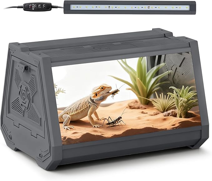 Reptile Terrarium,Anti-Breakage Lizard Cage, High-Transparency Viewing Window,Dual-Side Escape-Proof Doors,Integrated Lighting,Ideal for Mini Gecko,Insect,Tarantula,Frog，Gray