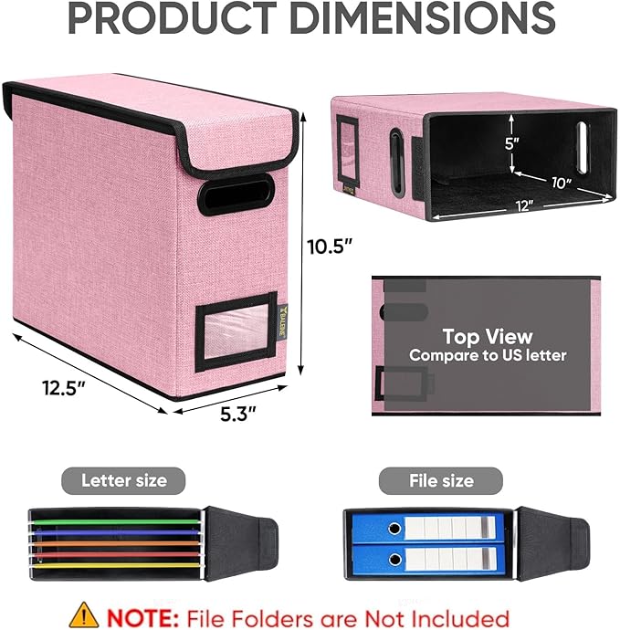 BALEINE File Organizer Box with Lid, Collapsible File Folder Organizer with Plastic Slide, Hanging File Folder Box for Office Document Storage (1 Pack, Pink, S)