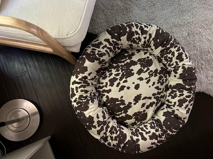 Organic Cotton Canvas Dog Bed: Removable Cover, Natural Fill - Made in USA (Cow Print Brown White, Large 35" x 8" inches)