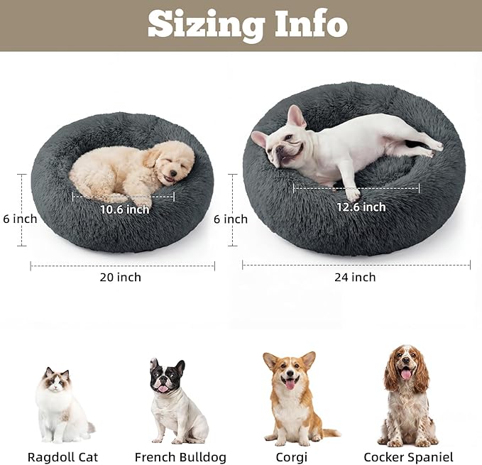 Calming Dog Bed, 20" x 20" x 6" Fits Cat & Dog, Anti-Slip Round Washable Faux Fur for Doze Off, Napping Orthopedic, Dark Grey