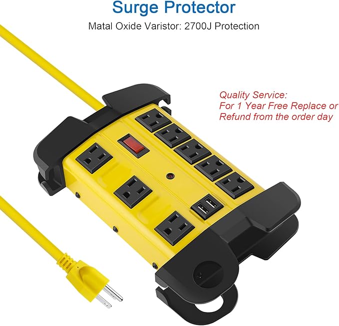 Heavy Duty Power Strip with USB, Workshop 8 Outlet Surge Protector 2700 Joules, Industrial Metal 15Amp Power Strip, 15 FT Extension Cord and Wide Spaced. Yellow