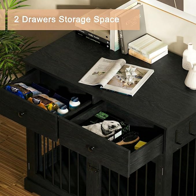 BREEZEHEAT 40 inch Dog Crate Furniture-Farmhouse Dog Kennel with Drawers-End Table Wooden Pet Crate, Double Door Design, Decorative Dog House Indoor for Small Medium Large Dog,Brwon
