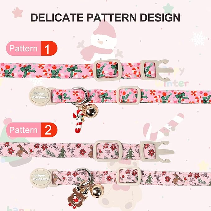 Christmas Cat Collar,Unique Style Paws Kitten Collars,Cute Pink Cats Collar with Bell,AdjustableKitten Collar Breakaway Buckle with Candy Cane,Reindeer Pattern,Ideal Gift for Boy Girl Cats