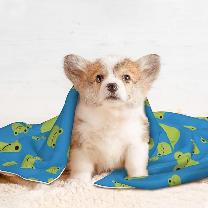 Two Sided Plush Pet Blanket for Crates Carriers Home Use, Colorful Pattern Adorable Frog Face Pattern, Reversible Throw with Cozy Dot Fabric and Silky Reverse for Small Large Pets