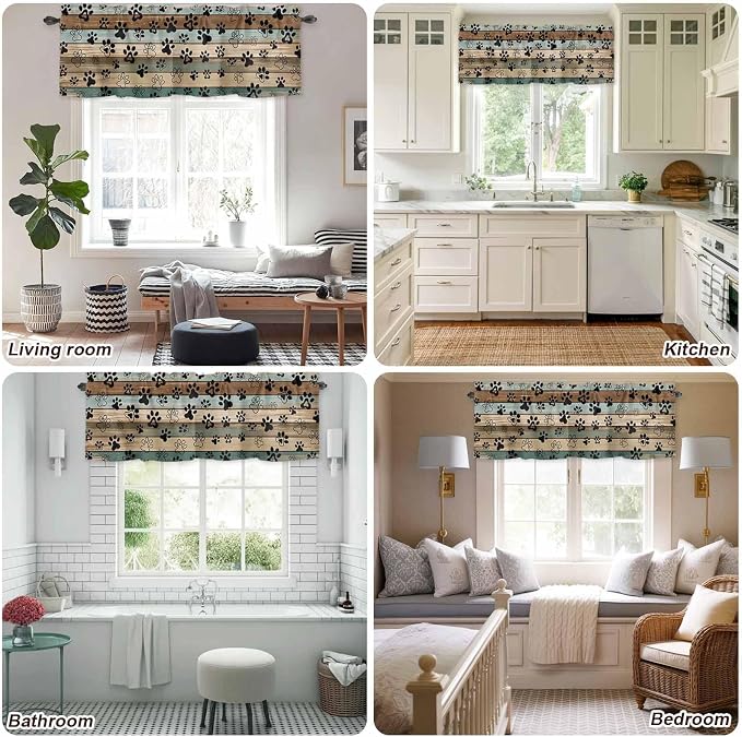 Dog Paws Valance Curtains for Kitchen, Teal Brown Wood Grain Privacy Rod Pocket