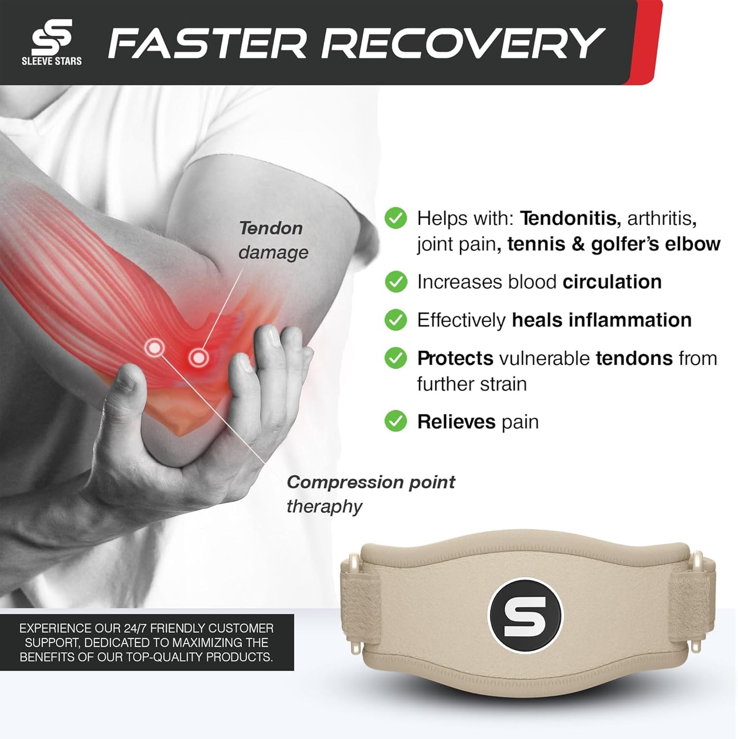 Sleeve Stars Tennis Elbow Brace for Women - Adjustable Tennis Strap, Golfers Elbow Brace for Men, Counterforce for Tennis Elbow for Tendonitis Relief, Fits 9"-23" (Single/Beige)