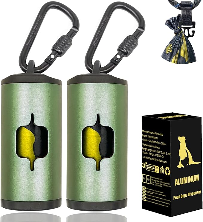 Metal Dog Poop Bag Holder 2-Pack w/Leash Clip|Durable Scratch-Resistant Aluminum|30 Bags+6 Accessories（Dark Green）
