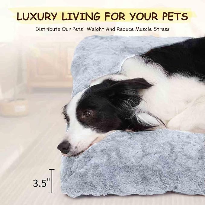 Washable Dog Bed for Small to Large Dogs, Calming Anti Anxiety Medium Dog Bed, Deluxe Plush Faux Fur Crate Beds, Comfy Fluffy Kennel Pad Pet Sleeping Mat with Non-Slip Bottom, 30"x20", Gray