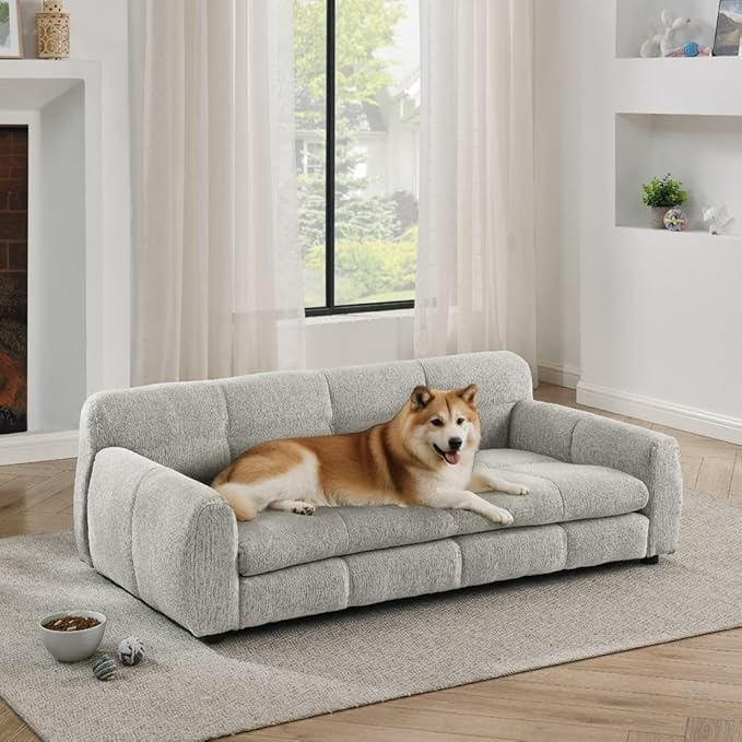 Modern Pet Sofa Bed for Large Dogs Up to 130lbs, Luxurious Living Room Dog Couch with Supportive Backrest and Armrests, Easy-to-Clean Linen Fabric Elevated Pet Furniture