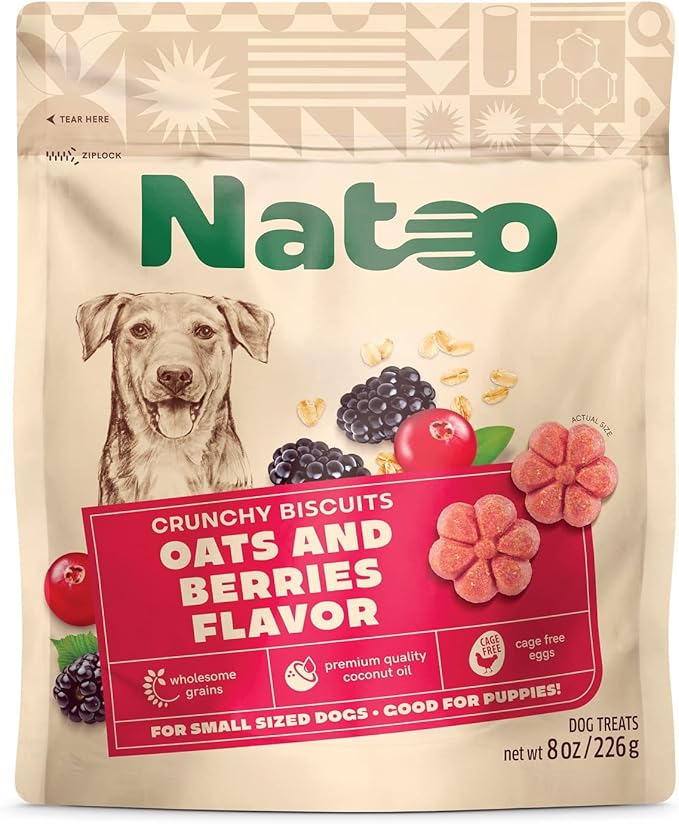 NATOO Biscuits for Small Dogs & Puppies Crunchy Dog Treats, Oats & Berry Healthy Natural Canine Biscuits, Rich in Omega 6, Prebiotics & Fiber, Antioxidants for Immunity (8 oz)