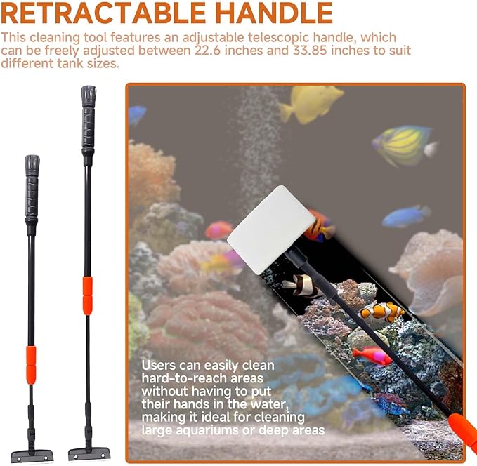 6 in 1 Aquarium Cleaning Tool Kit, Telescopic Handle Design, for 20-160 Gallon Freshwater and Saltwater Aquariums, Includes Algae Scraper, Sponge Pad, Pipe Brush, Gravel Rake, Fish Net