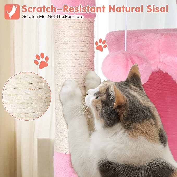 54in Cat Tree Cat Climbing Tower with Scratching Post, Cats House Perch Kitten Tree Condo Wood Playhouse, Pet Trees Tower for Indoor Cats, Pink