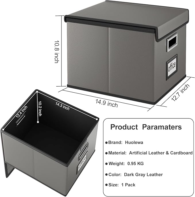 Huolewa Faux Leather File Organizer Box with Lid, Collapsible Hanging File Folder Box Organizer with Plastic Slides, Decorative Home/Office Filing System Boxes for File and Folders Storage