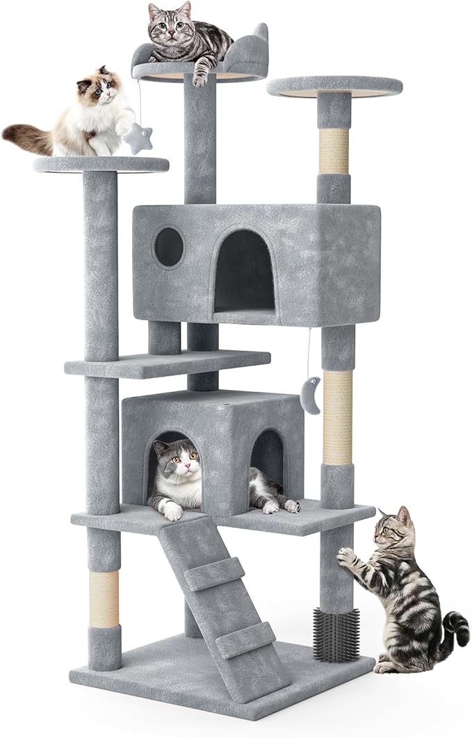 MoNiBloom 70 Inch Cat Tree Tower for Indoor Cats Large Adults, Tall Cat Tower with Scratching Post, Multi-Level Furniture Activity Center with Cat Condo Pet Play House, Light Grey