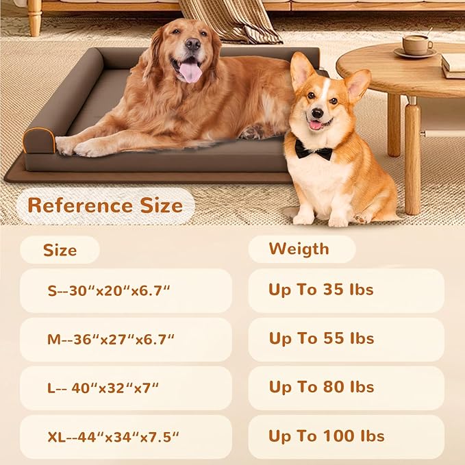 Large Dog Bed Waterproof Indestructible Pet Bed, Memory Foam Orthopedic Dog Couch with Anti-Slip Mat Washable (Brown)