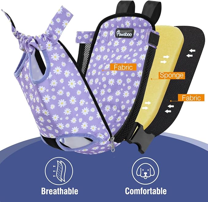 Pawaboo Pet Carrier Backpack, Adjustable Pet Front Cat Dog Carrier Backpack Purse Travel Bag, Legs Out, Easy-Fit for Traveling Hiking Camping for Small Medium Dogs, Medium Size, Black & Purple Daisy