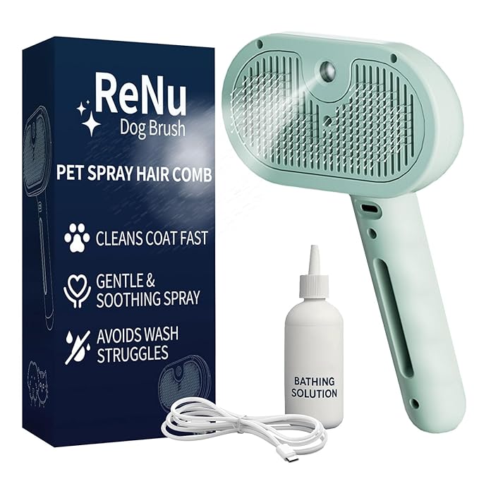 Fur Shower Brush for Dogs, 3 In 1 Self Cleaning Steamy Pet Brush, Pets Spray Hair Removal Comb - Anti-Static, Dog Grooming Tool With Steam | Skin-Friendly Design (Green)