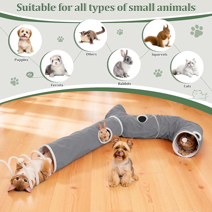 Ownpets 2-in-1 Cat Tunnel, Large Lollipop Shape Cat Tunnel Toy with Fluffy Balls, Spiral Toy, Plush Collapsible Cat Cave Hideout Donut Tunnel for Multi Kitten Puppy Rabbit, Grey
